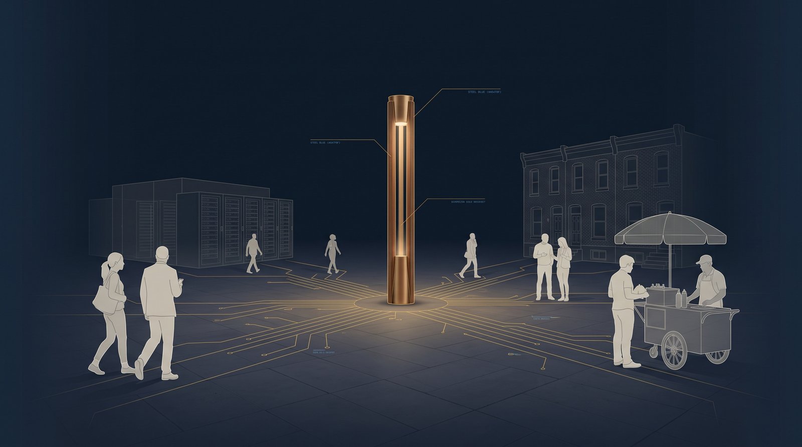 A Public Infrastructure Network Node standing in a city sidewalk, its fiber, power and edge-compute connections fanning out beneath the pavement to surrounding buildings, a data centre and the people passing by.