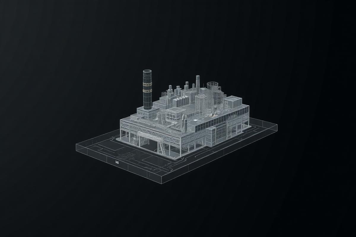 Abstract digital twin wireframe visualization of industrial infrastructure
