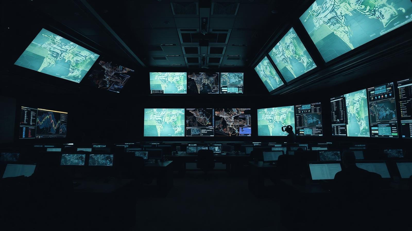 Modern integrated operations center with large display screens showing maps and data