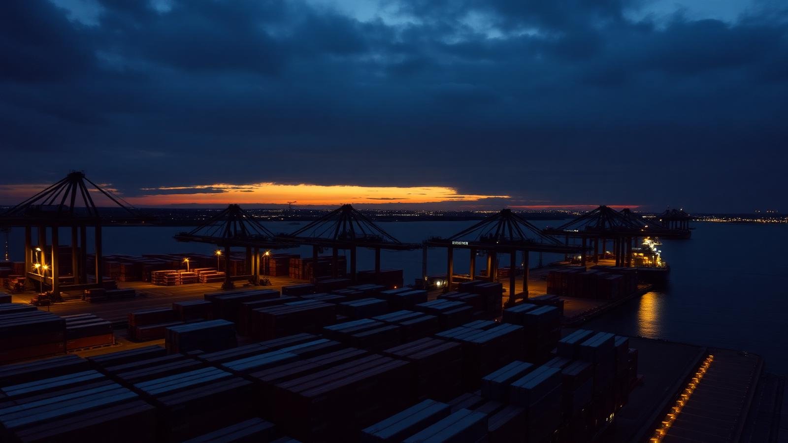 Aerial view of a major maritime container port at dusk, gantry cranes silhouetted against a moody sky